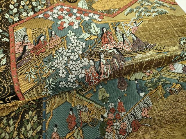 平和屋着物▼六通柄袋帯　洛中洛外屏風　黒地　金糸　正絹　逸品　DABI6057ps