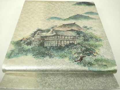 平和屋着物▼太鼓柄袋帯　手描き　世界文化遺産　清水寺　金糸　引箔　正絹　逸品　DABI6058ps