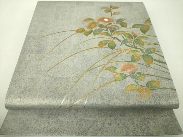 平和屋着物▼太鼓柄袋帯　螺鈿　草花文　金銀彩　引箔　正絹　逸品　未使用　DABI6066ps
