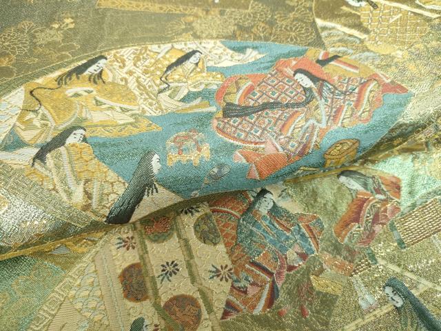 平和屋着物▼極上　西陣あさぎ　両面　全景全通柄袋帯　徳川美術館秘蔵　婚礼調度絵巻　プラチナ本金箔　正絹　逸品　DABI6088ps