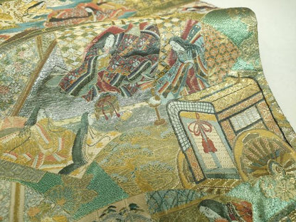 平和屋着物▼極上　西陣あさぎ　両面　全景全通柄袋帯　徳川美術館秘蔵　婚礼調度絵巻　プラチナ本金箔　正絹　逸品　DABI6088ps