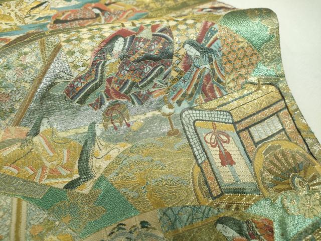 平和屋着物▼極上　西陣あさぎ　両面　全景全通柄袋帯　徳川美術館秘蔵　婚礼調度絵巻　プラチナ本金箔　正絹　逸品　DABI6088ps