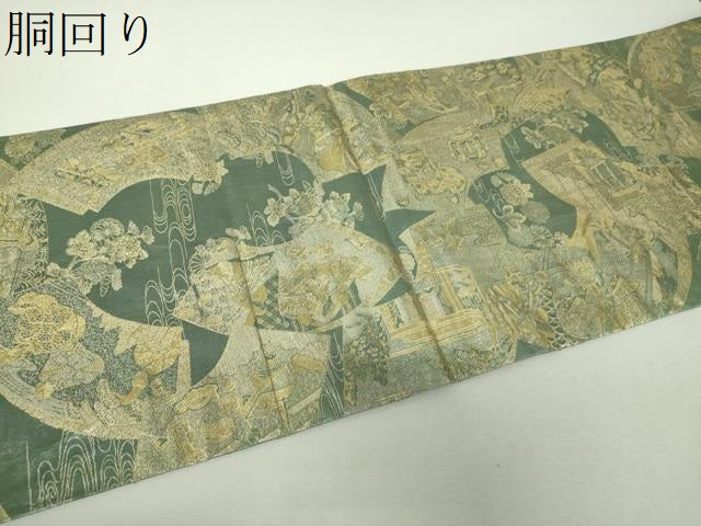 平和屋着物▼極上　西陣あさぎ　両面　全景全通柄袋帯　徳川美術館秘蔵　婚礼調度絵巻　プラチナ本金箔　正絹　逸品　DABI6088ps
