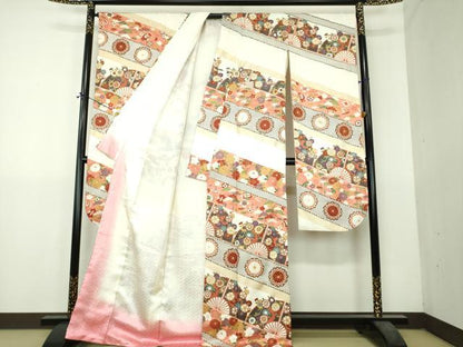平和屋着物●十日町老舗ブランド　吉澤友禅　吾妻徳穂　振袖　駒刺繍　宝尽くし　扇面吉祥花文　金彩　正絹　逸品　DABI6110ps