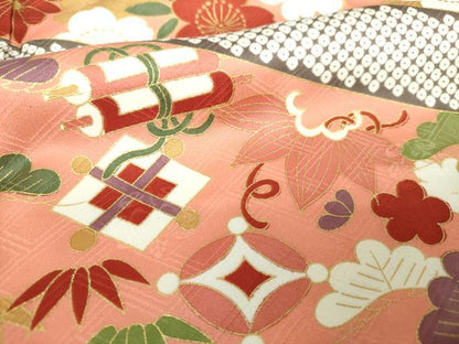 平和屋着物●十日町老舗ブランド　吉澤友禅　吾妻徳穂　振袖　駒刺繍　宝尽くし　扇面吉祥花文　金彩　正絹　逸品　DABI6110ps
