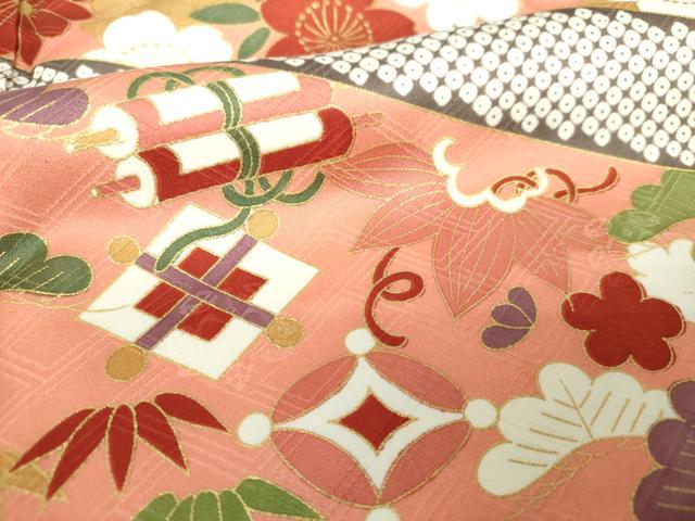 平和屋着物●十日町老舗ブランド　吉澤友禅　吾妻徳穂　振袖　駒刺繍　宝尽くし　扇面吉祥花文　金彩　正絹　逸品　DABI6110ps