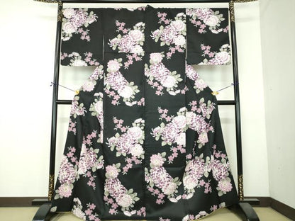 平和屋着物●小紋　舞桜　乱菊　黒地　洗える着物　DABI6119ps