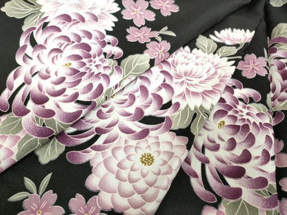 平和屋着物●小紋　舞桜　乱菊　黒地　洗える着物　DABI6119ps