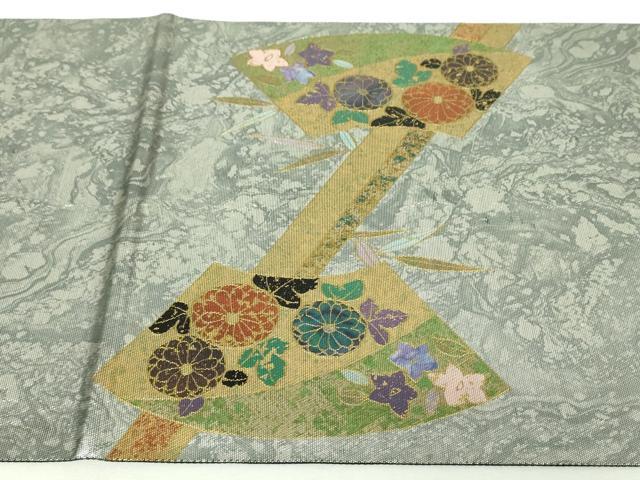 平和屋着物▼太鼓柄袋帯　螺鈿箔　地紙花文　金銀彩　正絹　逸品　DABI6139ps