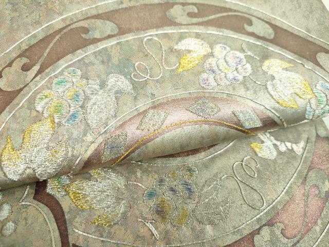 平和屋着物▼太鼓柄袋帯　駒刺繍　総刺繍　葡萄花唐草　金銀糸　引箔　正絹　逸品　DABI6150ps