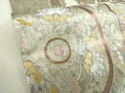 平和屋着物▼太鼓柄袋帯　駒刺繍　総刺繍　葡萄花唐草　金銀糸　引箔　正絹　逸品　DABI6150ps