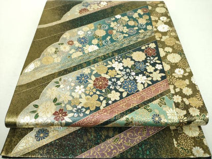 平和屋着物▼太鼓柄袋帯　螺鈿　舞花文　金銀彩　引箔　正絹　逸品　DABI6162ps