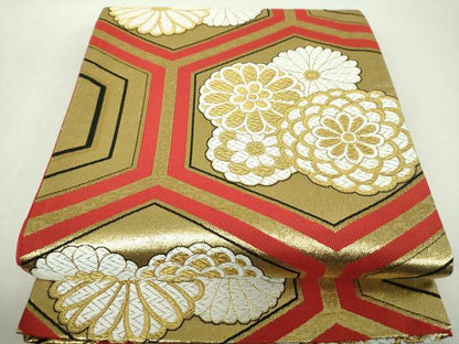 平和屋着物▼六通柄袋帯　亀甲花文　金糸　正絹　逸品　DABI6176ps