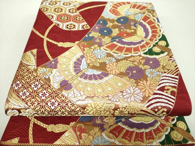 平和屋着物▼西陣　京洛苑たはら謹製　六通柄袋帯　唐織　舞蝶花絵巻　金糸　正絹　逸品　DABI6178ps