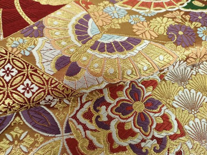 平和屋着物▼西陣　京洛苑たはら謹製　六通柄袋帯　唐織　舞蝶花絵巻　金糸　正絹　逸品　DABI6178ps