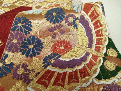 平和屋着物▼西陣　京洛苑たはら謹製　六通柄袋帯　唐織　舞蝶花絵巻　金糸　正絹　逸品　DABI6178ps