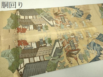 平和屋着物▼全景全通柄袋帯　作家物　金襴綴　古都洛中洛外　金糸　正絹　逸品　DABI6179ps