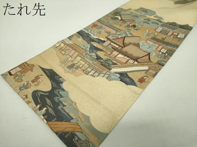 平和屋着物▼全景全通柄袋帯　作家物　金襴綴　古都洛中洛外　金糸　正絹　逸品　DABI6179ps