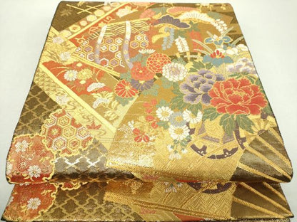 平和屋着物▼佐賀錦　六通柄袋帯　扇面花車文　金糸　正絹　逸品　DABI6182ps