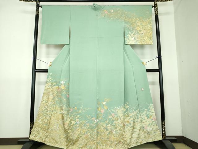 平和屋着物●訪問着　作家物　草花文　シルエット　金銀彩　正絹　逸品　DABI6242ps