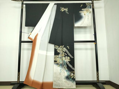 平和屋着物●訪問着　螺鈿　辻が花　暈し染め　黒地　金彩　正絹　逸品　DABI6247ps