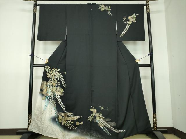 平和屋着物●訪問着　螺鈿　辻が花　暈し染め　黒地　金彩　正絹　逸品　DABI6247ps