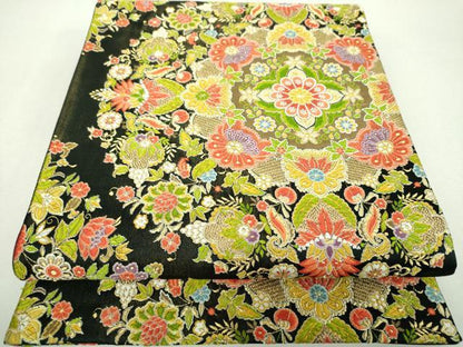 平和屋着物▼六通柄袋帯　唐織　唐花華文　黒地　金糸　正絹　逸品　DABI6263ps