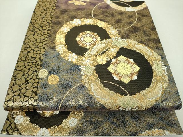 平和屋着物▼西陣　じゅらく謹製　黄皇絲　六通柄袋帯　唐織　花丸文　金糸　正絹　逸品　DABI6265ps