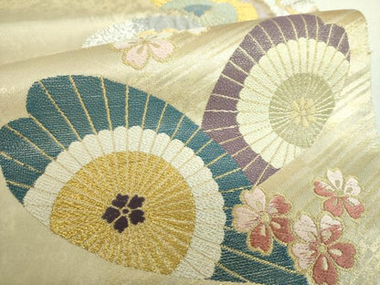 平和屋着物▼西陣　六通柄袋帯　壁織の調和　彩映桜扇華文　金銀糸　引箔　証紙付き　正絹　逸品　DABI6273ps