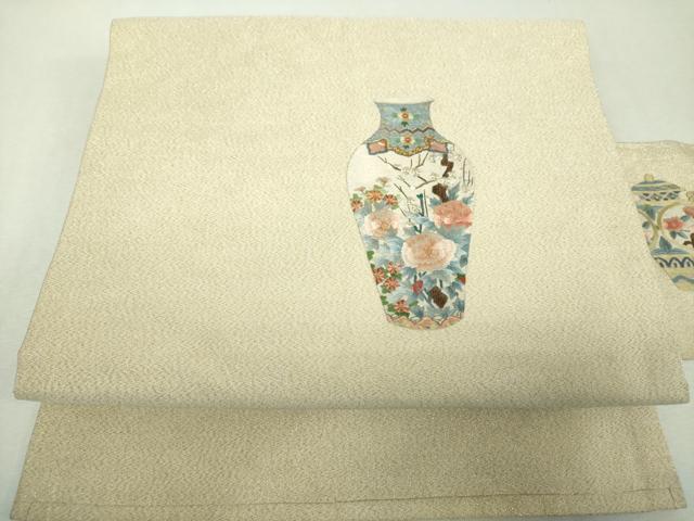 平和屋着物▼中国三大刺繍　相良刺繍　総刺繍　九寸名古屋帯　器物花文　金糸　正絹　逸品　DABI6277ps