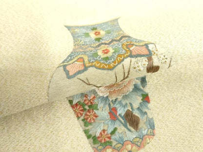 平和屋着物▼中国三大刺繍　相良刺繍　総刺繍　九寸名古屋帯　器物花文　金糸　正絹　逸品　DABI6277ps