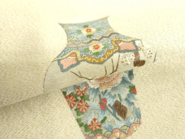 平和屋着物▼中国三大刺繍　相良刺繍　総刺繍　九寸名古屋帯　器物花文　金糸　正絹　逸品　DABI6277ps