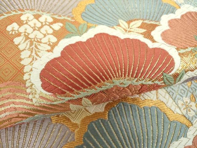 平和屋着物▼佐賀錦　六通柄袋帯　唐織　帆掛け舟　流水吉祥花文　金糸　正絹　逸品　DABI6294ps