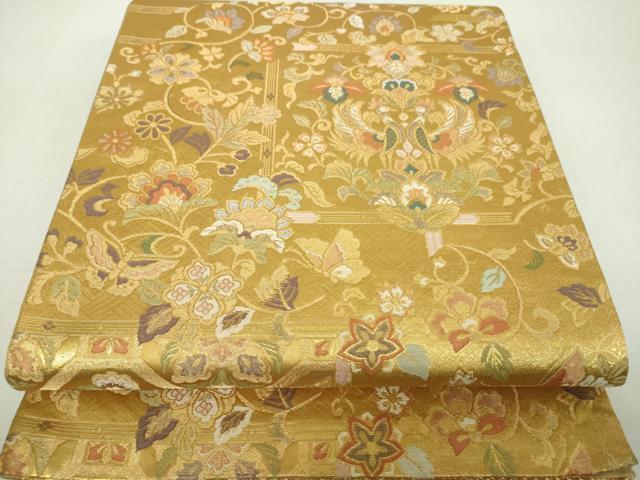 平和屋着物▼六通柄袋帯　舞蝶鳳凰更紗花文　金糸　正絹　逸品　DABI6296ps