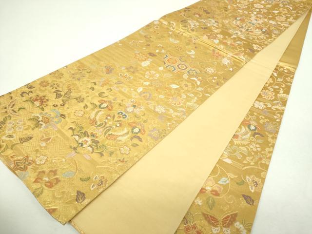 平和屋着物▼六通柄袋帯　舞蝶鳳凰更紗花文　金糸　正絹　逸品　DABI6296ps