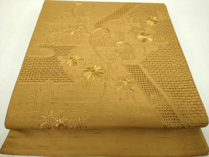 平和屋着物●中国三大刺繍　スワトウ相良刺繍　汕頭相良刺繍　総刺繍　太鼓柄袋帯　紬地　鴛鴦花文　桑茶色　正絹　逸品　DABI6297ps