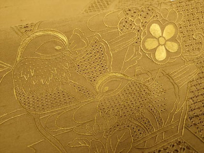 平和屋着物●中国三大刺繍　スワトウ相良刺繍　汕頭相良刺繍　総刺繍　太鼓柄袋帯　紬地　鴛鴦花文　桑茶色　正絹　逸品　DABI6297ps