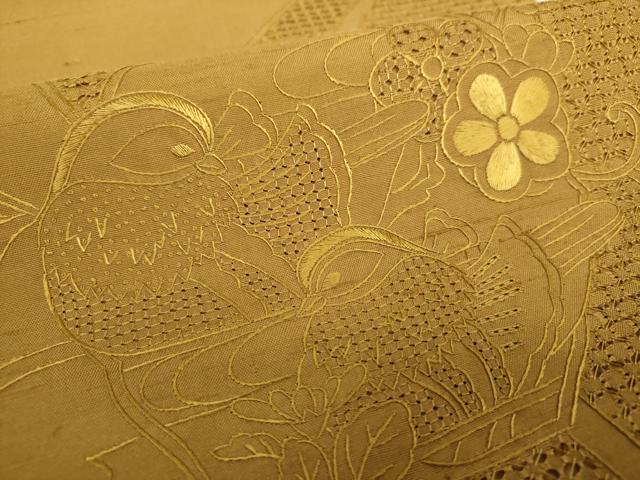 平和屋着物●中国三大刺繍　スワトウ相良刺繍　汕頭相良刺繍　総刺繍　太鼓柄袋帯　紬地　鴛鴦花文　桑茶色　正絹　逸品　DABI6297ps
