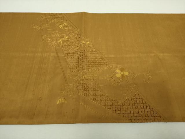 平和屋着物●中国三大刺繍　スワトウ相良刺繍　汕頭相良刺繍　総刺繍　太鼓柄袋帯　紬地　鴛鴦花文　桑茶色　正絹　逸品　DABI6297ps