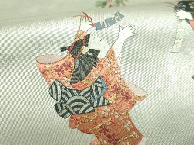 平和屋着物▼太鼓柄袋帯　総刺繍　七夕　童子　金銀糸　引箔　正絹　逸品　DABI6305ps