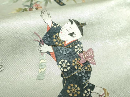 平和屋着物▼太鼓柄袋帯　総刺繍　七夕　童子　金銀糸　引箔　正絹　逸品　DABI6305ps