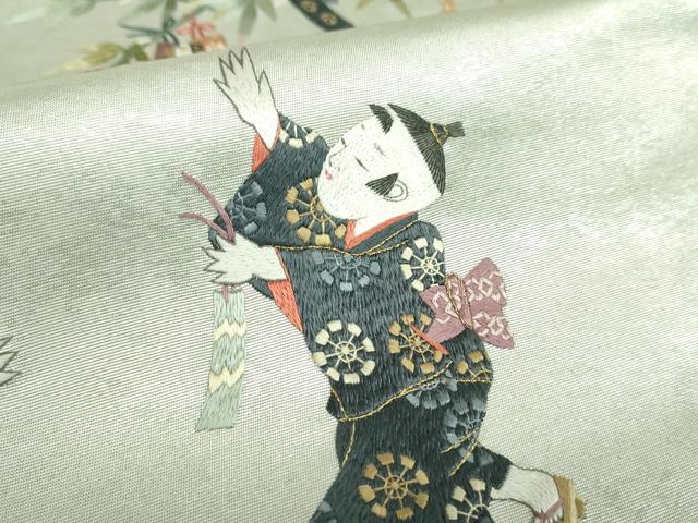 平和屋着物▼太鼓柄袋帯　総刺繍　七夕　童子　金銀糸　引箔　正絹　逸品　DABI6305ps