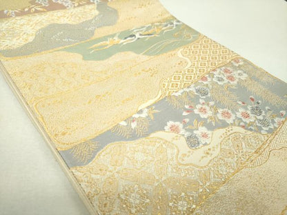 平和屋着物▼六通柄袋帯　唐織　秘宝桜鶴園　金銀糸　正絹　逸品　DABI6312ps