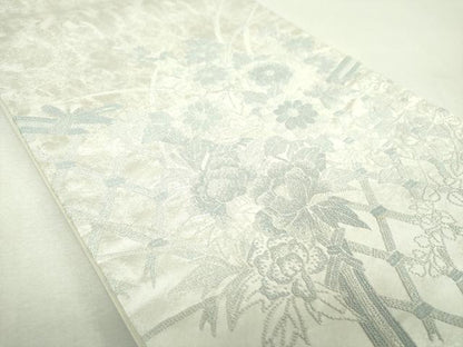 平和屋着物▼中国三大刺繍　総相良刺繍　総刺繍　太鼓柄袋帯　籬花文　銀糸　正絹　逸品　未使用　DABI6314ps