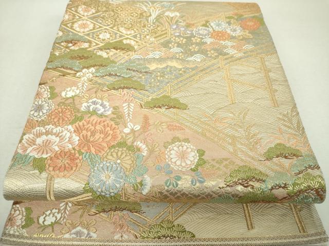 平和屋着物▼西陣　服部織物謹製　六通柄袋帯　唐織　渡橋風景花文　金糸　正絹　逸品　DABI6316ps
