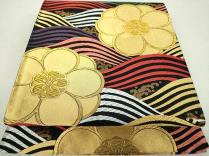 平和屋着物▼両面　六通柄袋帯　立波花文　黒地　金糸　正絹　逸品　DABI6324ps