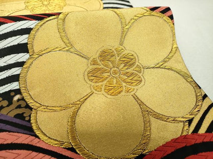 平和屋着物▼両面　六通柄袋帯　立波花文　黒地　金糸　正絹　逸品　DABI6324ps