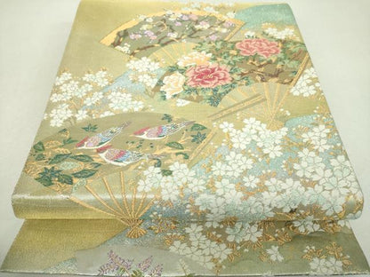 平和屋着物▼六通柄袋帯　唐織　扇面花鳥文　金銀糸　正絹　逸品　DABI6329ps