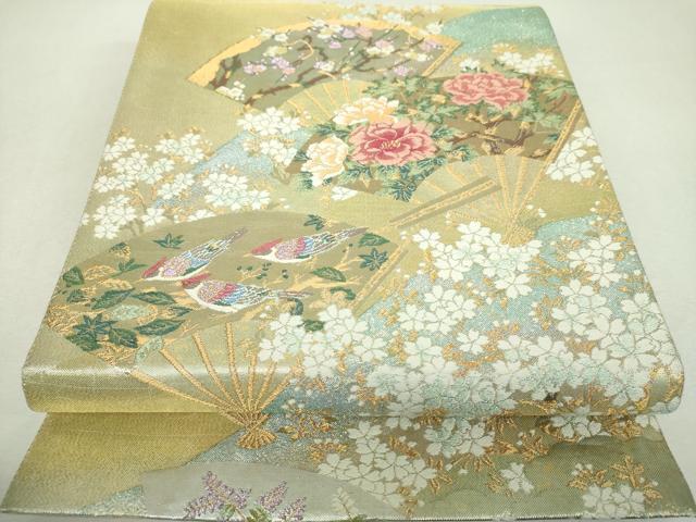 平和屋着物▼六通柄袋帯　唐織　扇面花鳥文　金銀糸　正絹　逸品　DABI6329ps