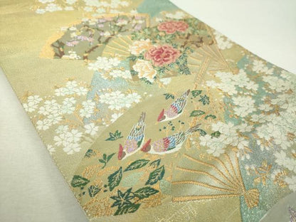 平和屋着物▼六通柄袋帯　唐織　扇面花鳥文　金銀糸　正絹　逸品　DABI6329ps
